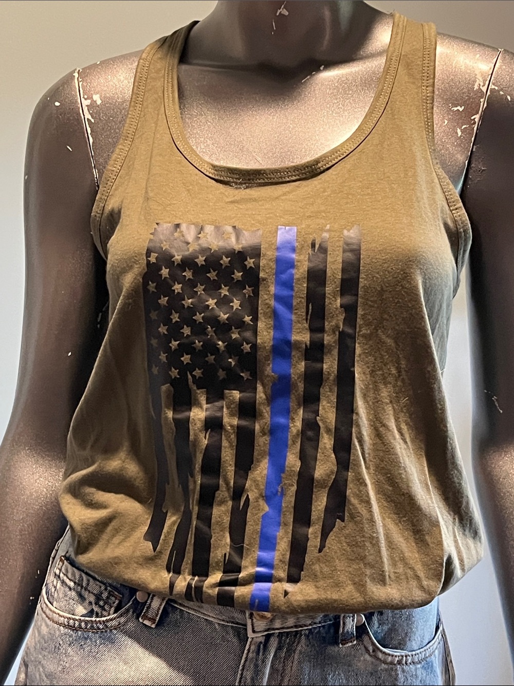 Olive Green Tank Top with Thin Blue Line Flag Graphic